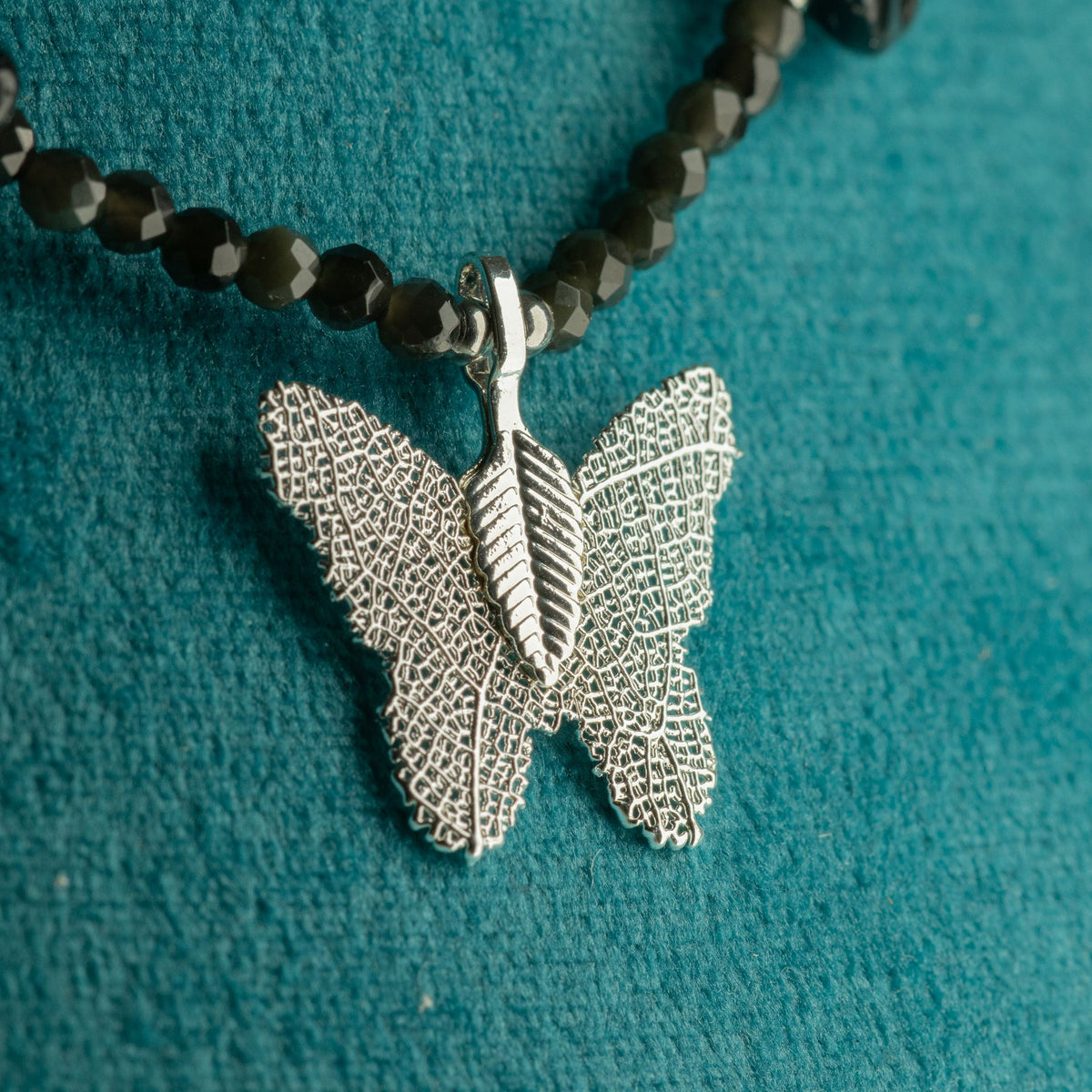 Collier Obsidienne Noire — Papillon Feuille Naturelle Argentée - photo 5
