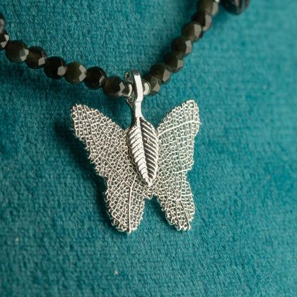 Collier Obsidienne Noire — Papillon Feuille Naturelle Argentée - photo 5