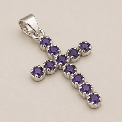Pendentif Croix Argentée - Pierres Violet Profond