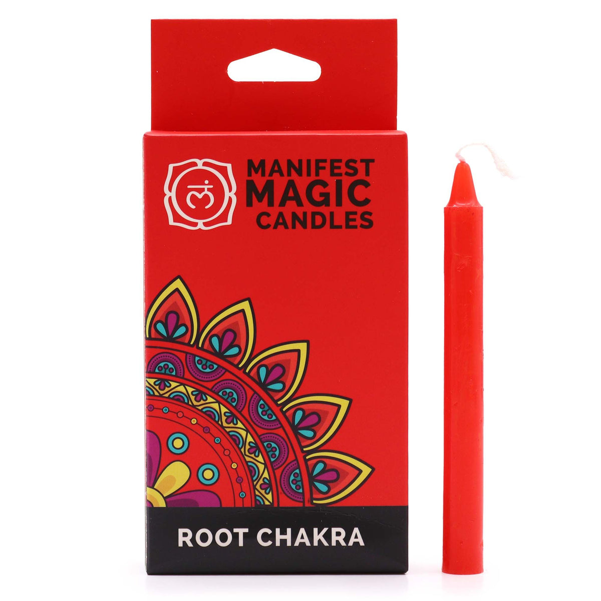 Boîte rouge à motif mandala et bougie rituelle rouge du chakra racine