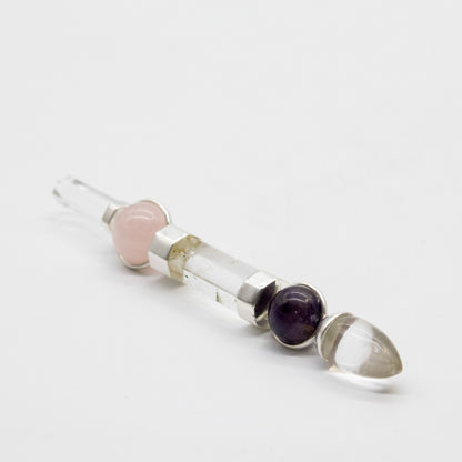 Baguette Améthyste et Quartz rose à sphères - 12 cm