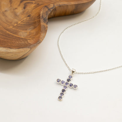 Pendentif Croix Argentée - Pierres Violet Profond