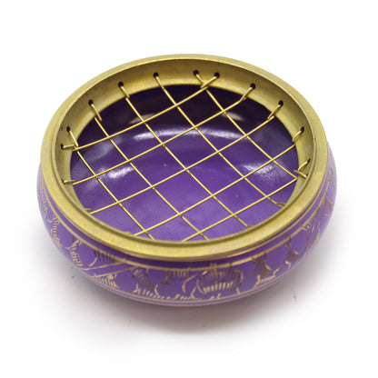 Brûleur à encens en laiton émaillé violet gravé de motifs floraux avec grille dorée