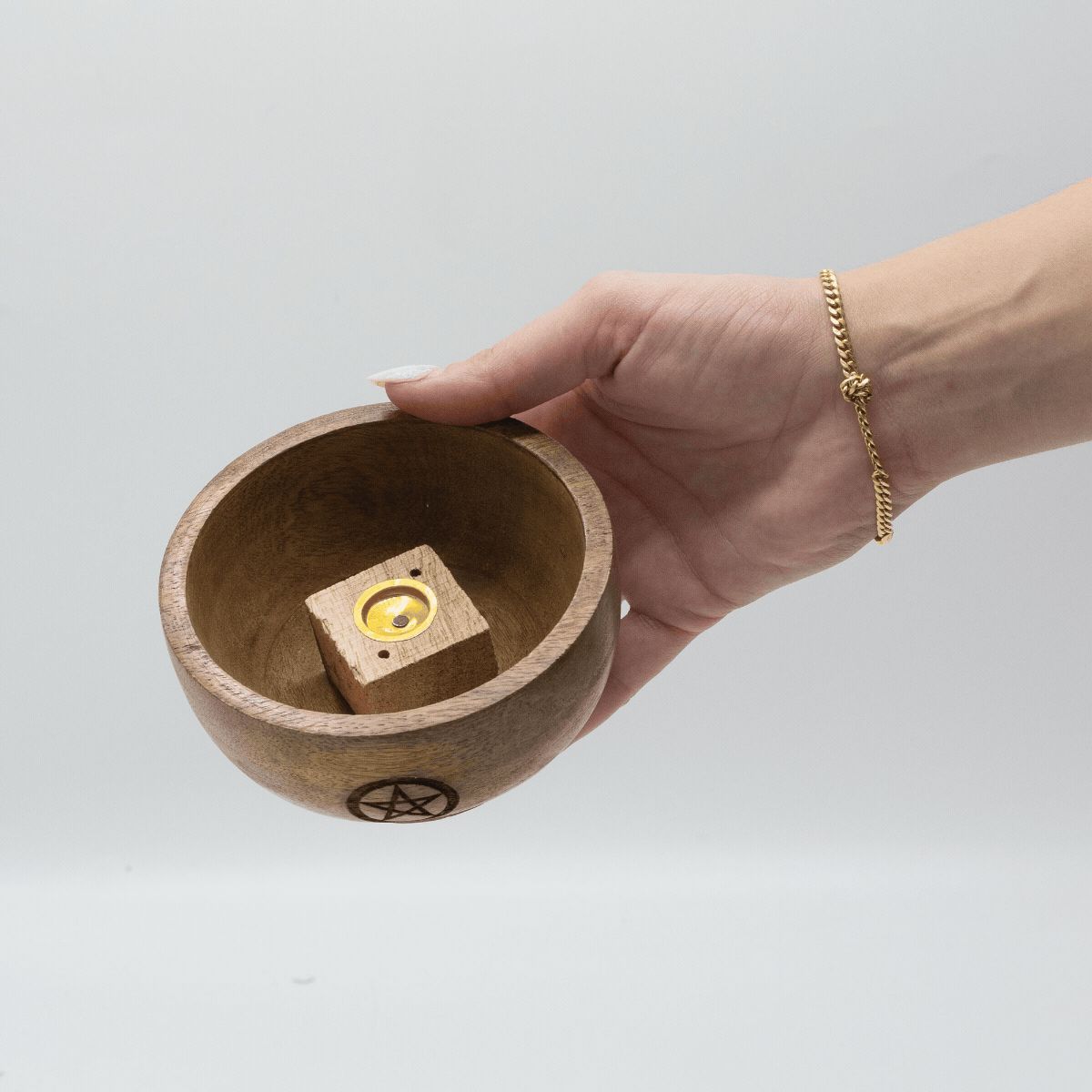 Petit bol rituel en bois, porte-encens à motifs ésotériques — Tatum Cristal