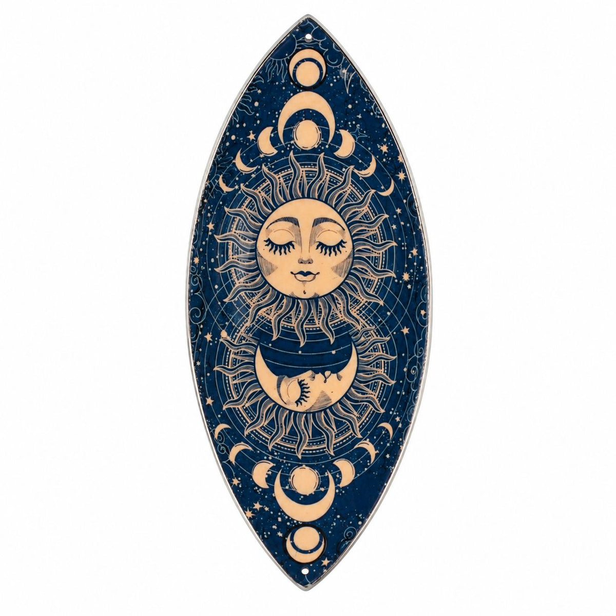 Porte-encens émaillé bleu nuit en forme de navette, motif soleil et phases de lune