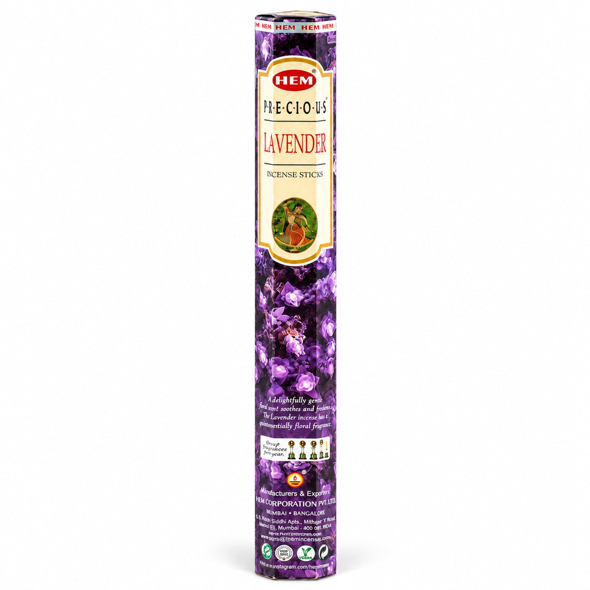 Étui hexagonal d'encens HEM Precious Lavande violet décoré de fleurs