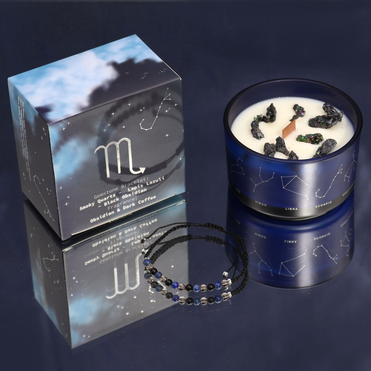 Bougie Scorpion en verre bleu constellé, boîte zodiacale et bracelet en pierres