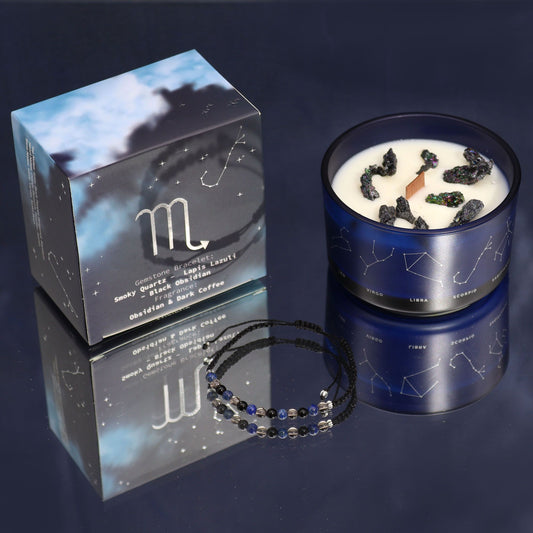 Bougie Scorpion en verre bleu constellé, boîte zodiacale et bracelet en pierres