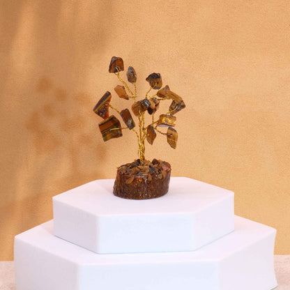 Arbre de Vie Œil de Tigre - Mini 6cm, Socle Bois (15 pierres)
