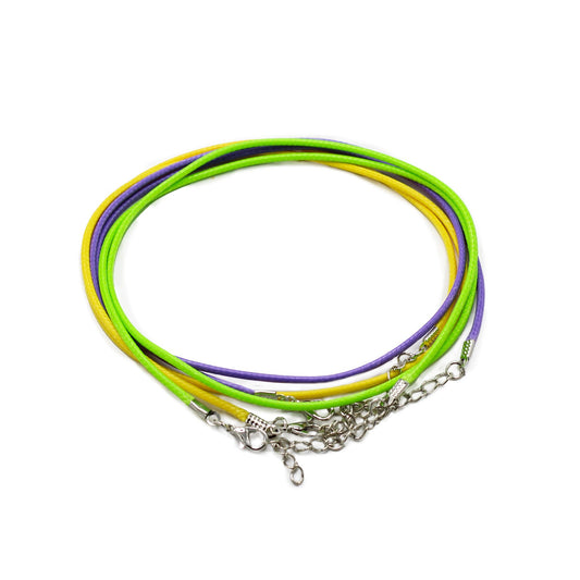 Cordons en coton ciré jaune, violet et vert avec fermoirs mousqueton argentés