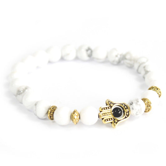 Bracelet boho - Gold Hamsa / White Stone