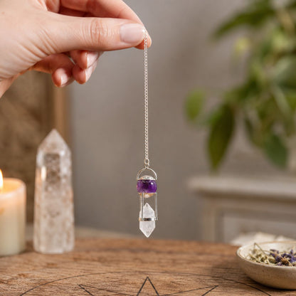 Pendule double puissance - Globe d'Améthyste & Cristal de roche