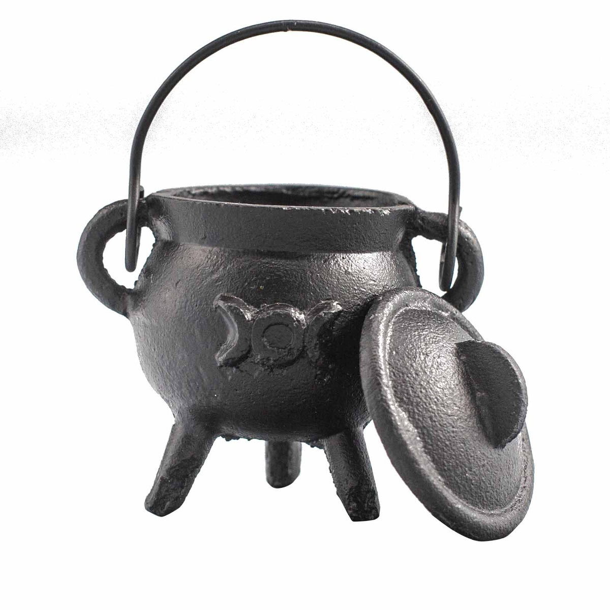 Petit chaudron noir en fonte à trois pieds avec symbole Triple Lune et couvercle