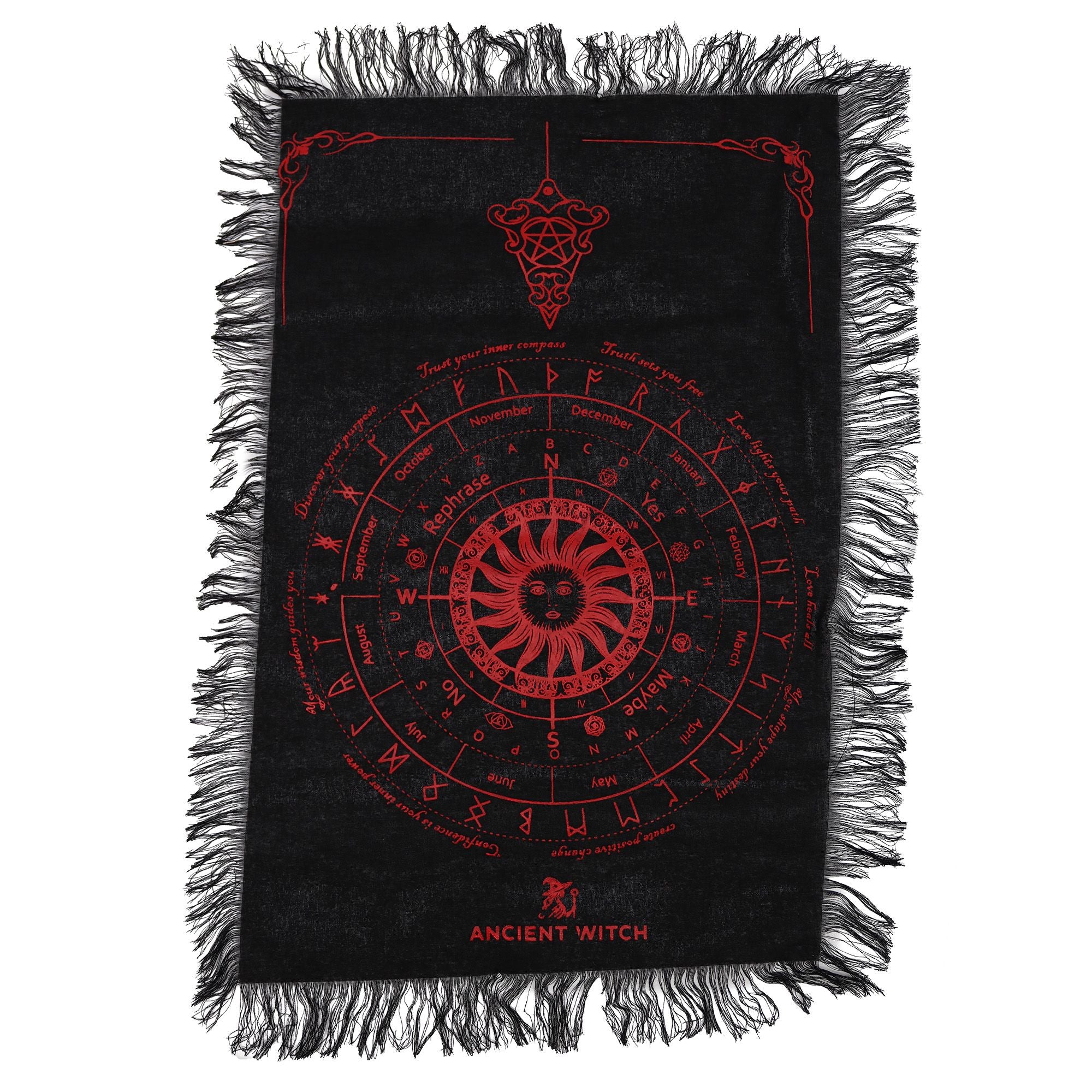 Pendule Divination — Tissu Soleil Sorcière Noir & Rouge Sang