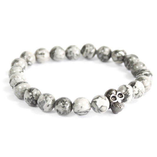 Bracelet boho - Pewter Skull / Grey Agate