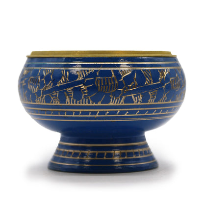 Brûleur à encens en laiton émaillé bleu avec grille dorée et motifs gravés