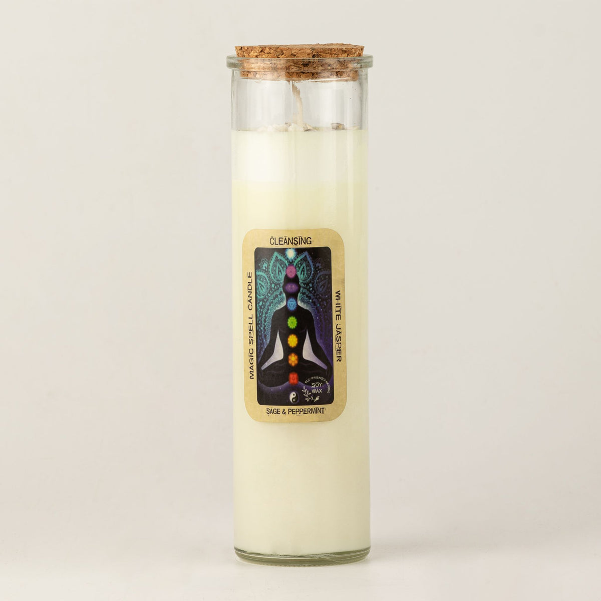 Bougie blanche en pot de verre avec bouchon liège et étiquette chakras