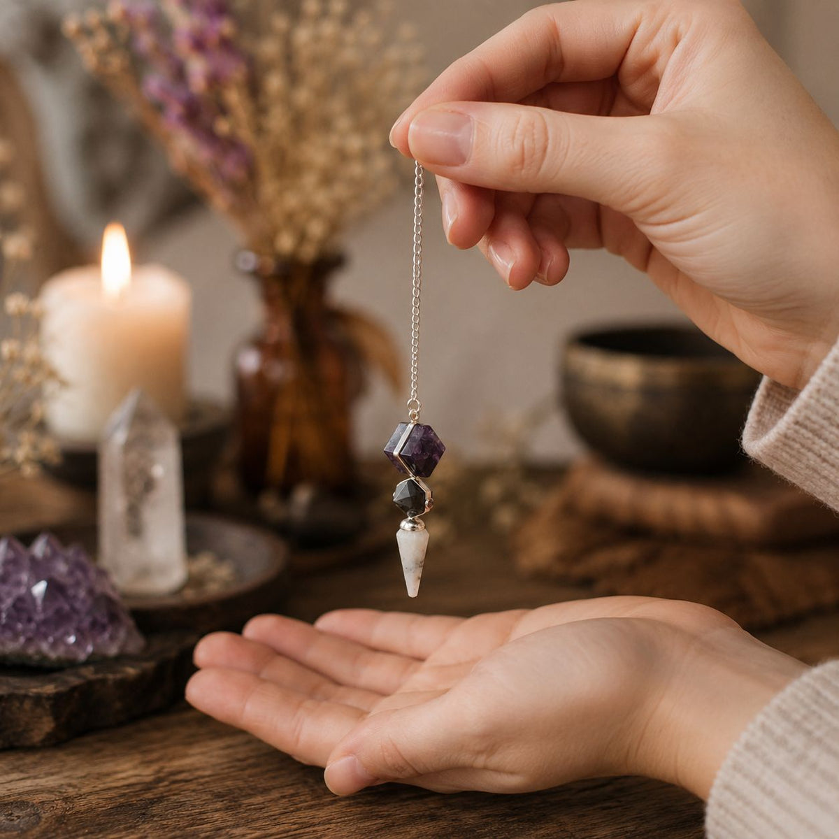 Pendule trois pièces - fluorite, labradorite et pierre de lune