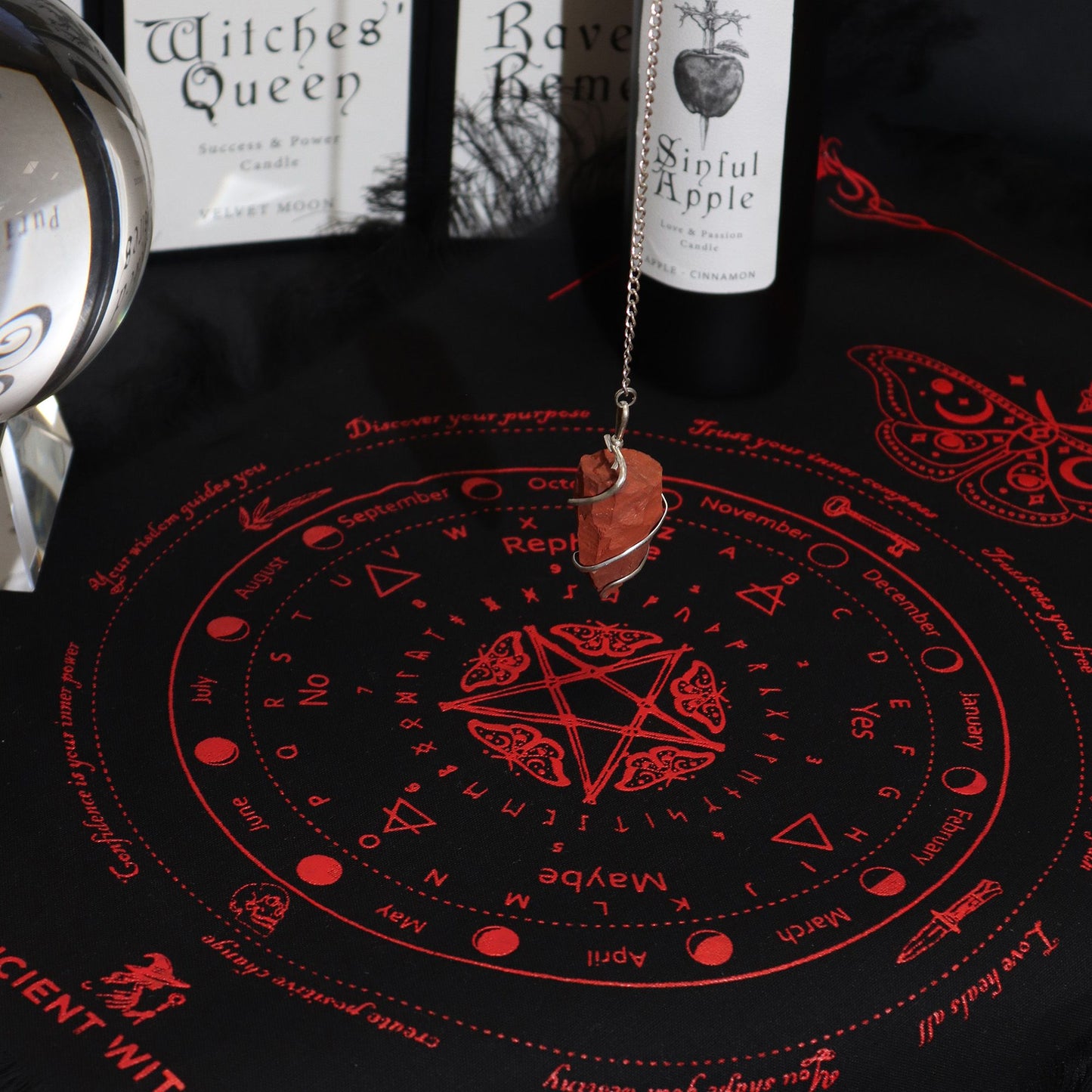 Pendule Divination — Tissu Soleil Sorcière Noir & Rouge Sang – photo 2