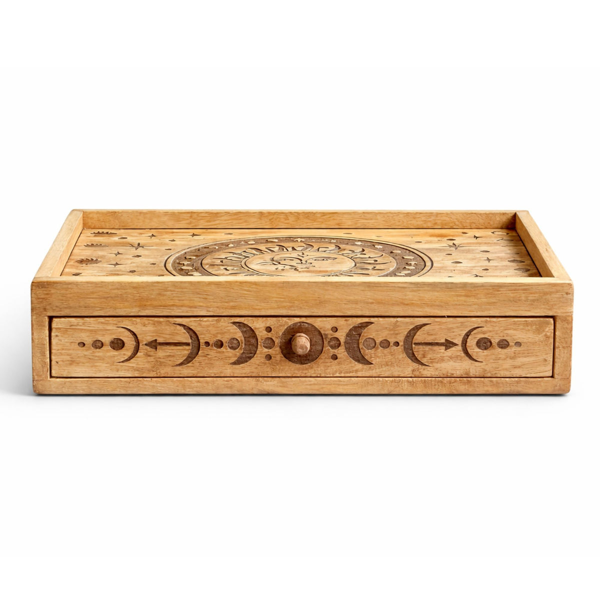 Boîte à Tarot en Bois Sculpté avec Tiroir — Soleil et Lune - photo 4