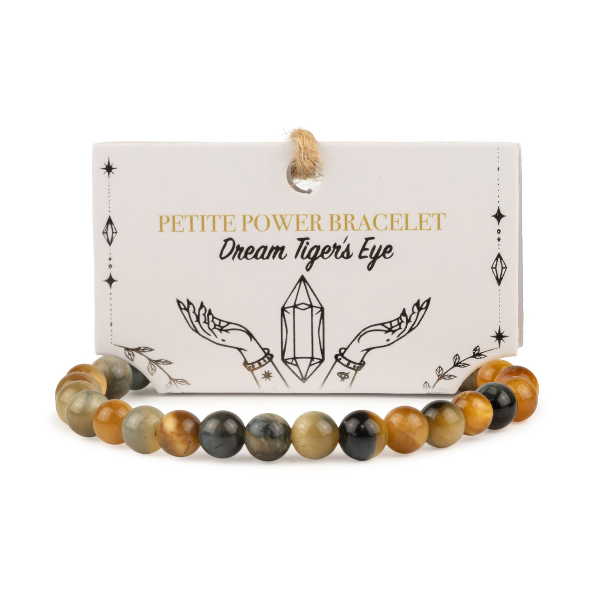 Bracelet de perles d'œil de tigre doré et bleuté devant sa carte illustrée