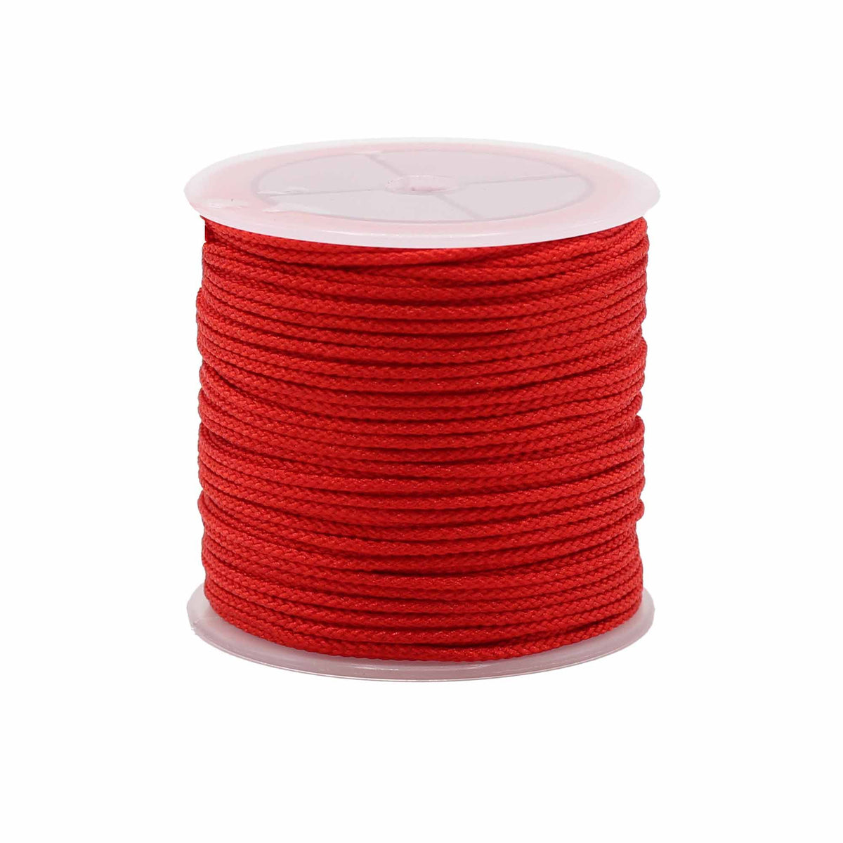 Bobine de cordon rouge tressé enroulé sur un support en plastique blanc