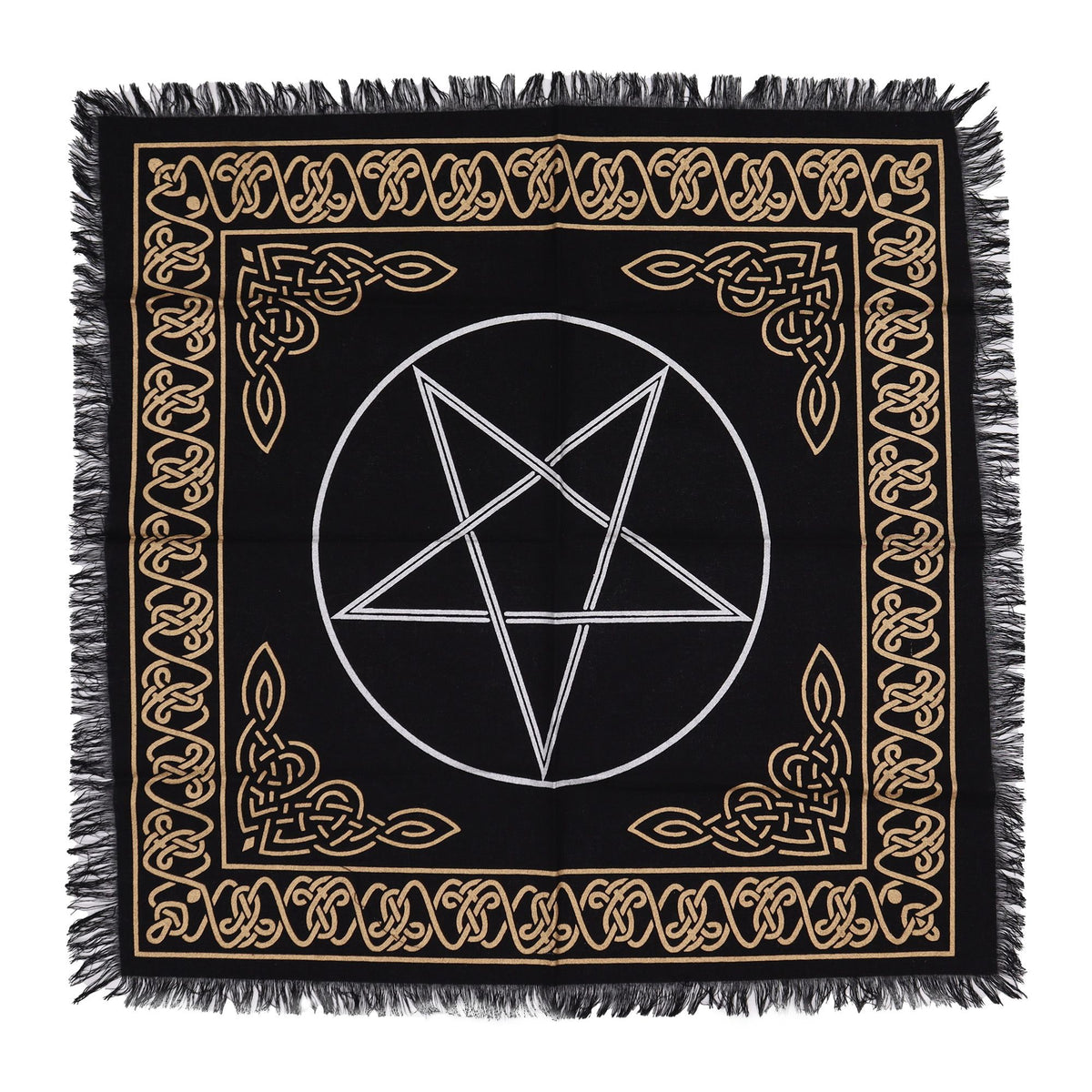 Tissu d'autel noir à franges avec pentagramme argenté et frise celtique dorée