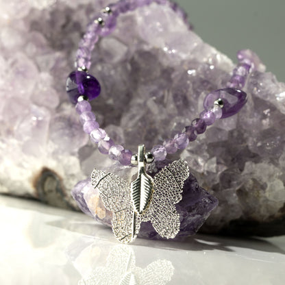 Collier en Améthyste — Papillon en Feuille Naturelle Argentée - photo 4