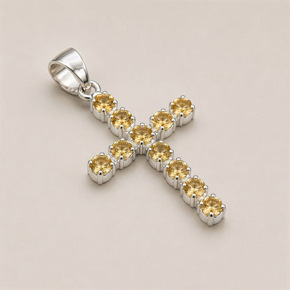 Pendentif Croix Argentée - Pierres Dorées