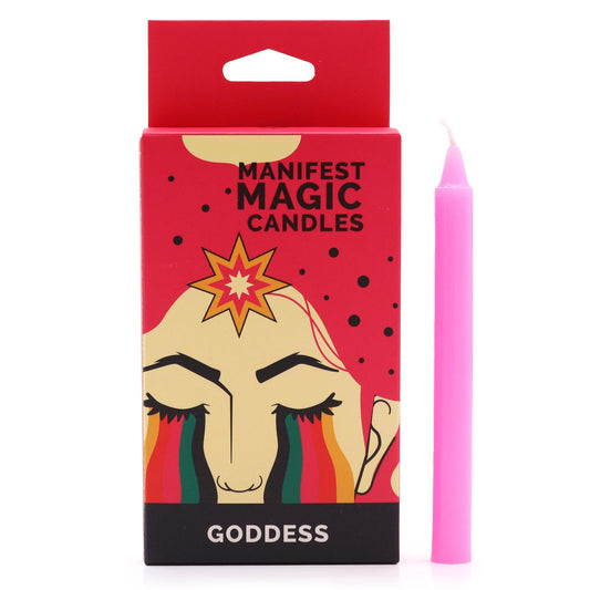 Boîte de bougies Manifest Magic Goddess rose avec une fine bougie rose