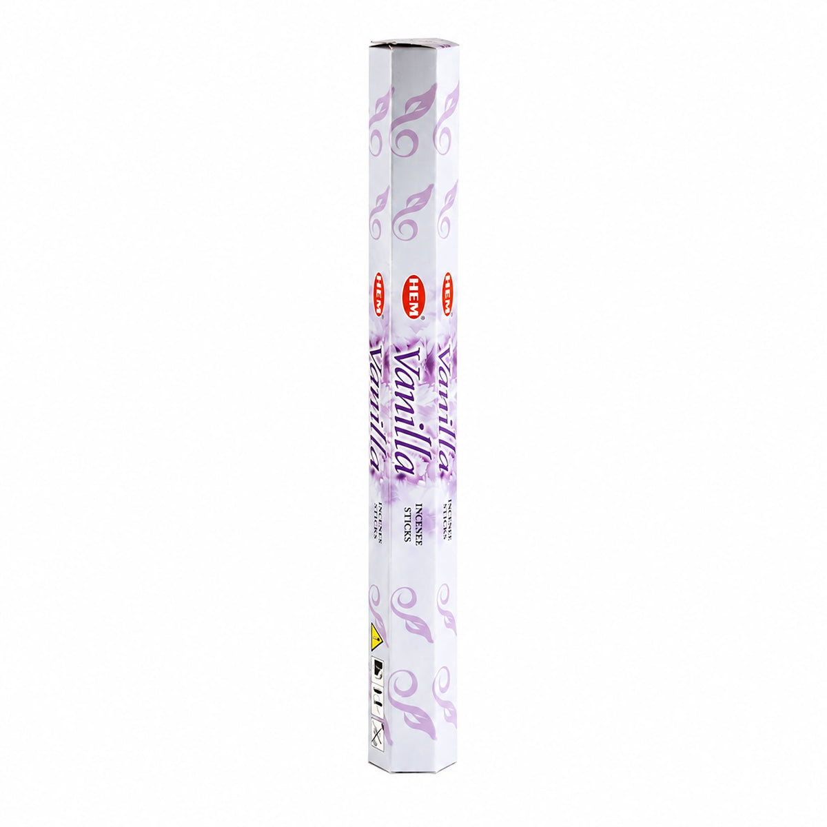 Boîte hexagonale blanche et mauve d'encens HEM parfum vanille posée debout