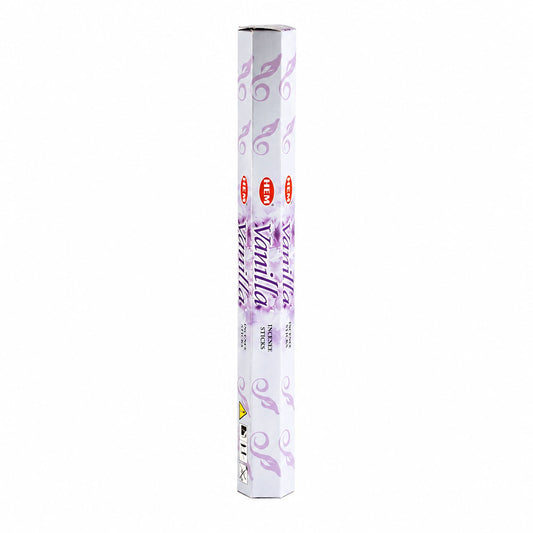 Boîte hexagonale blanche et mauve d'encens HEM parfum vanille posée debout