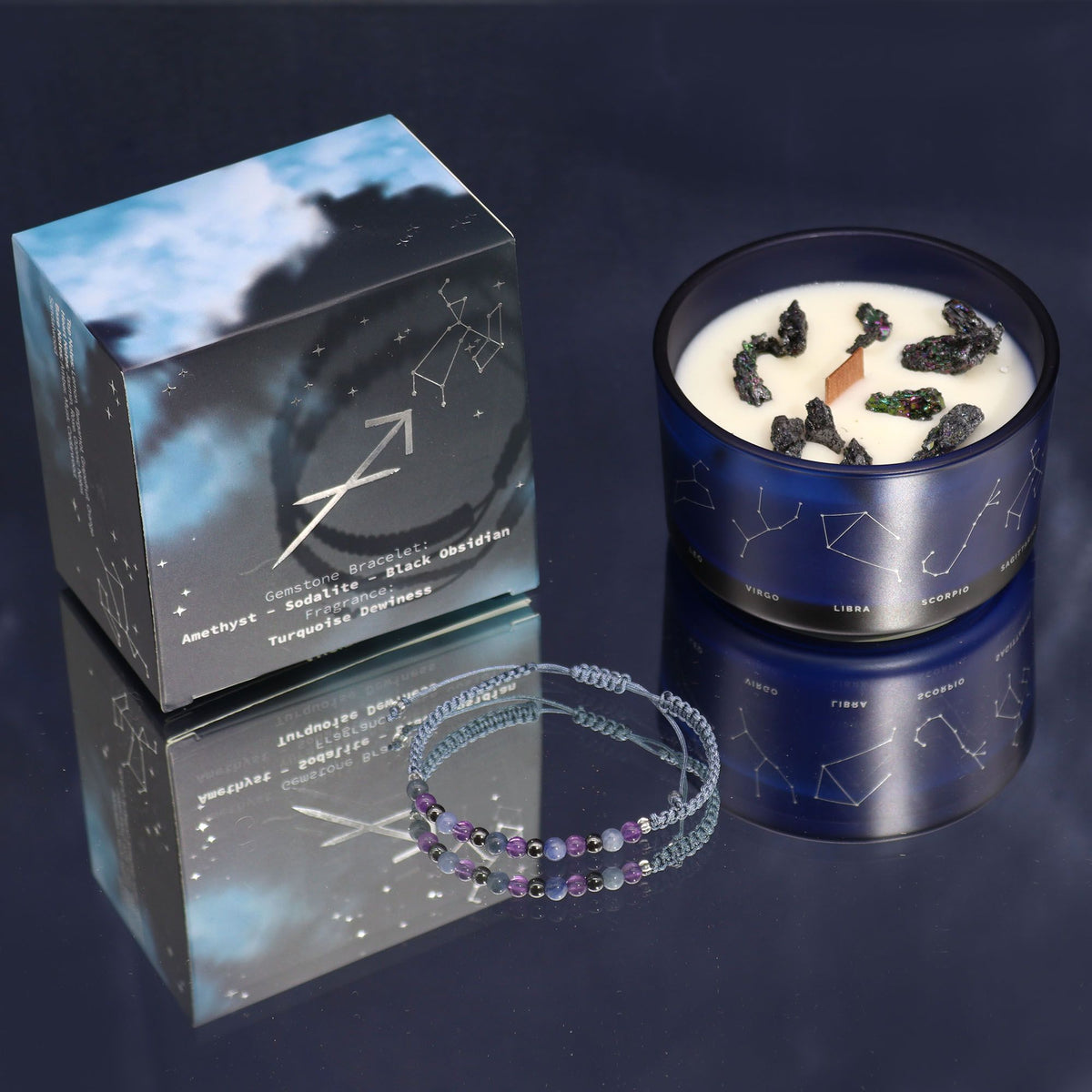 Bougie Sagittaire en pot bleu constellé, coffret et bracelet améthyste et sodalite