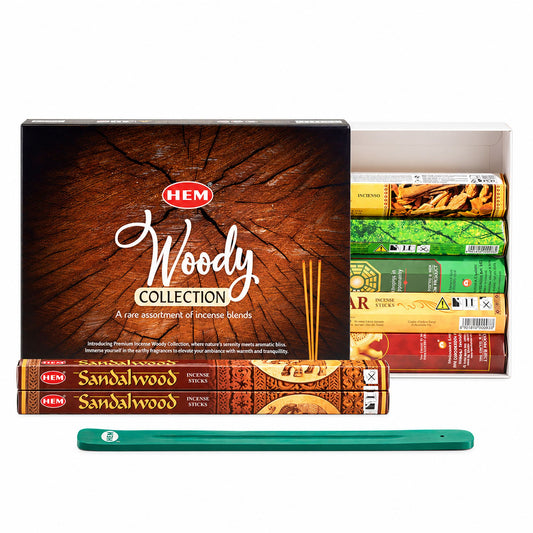 Coffret d'encens HEM Woody ouvert avec étuis colorés, bois de santal et porte-encens vert
