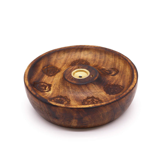 Porte-encens rond en bois gravé des symboles des sept chakras avec coupelle dorée