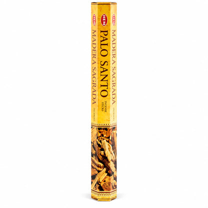 Étui hexagonal jaune d'encens HEM Palo Santo avec morceaux de bois illustrés