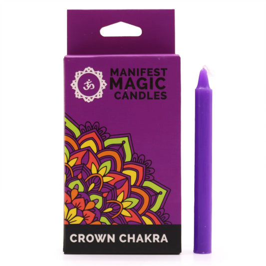 Boîte de bougies violettes Chakra Couronne à motif mandala avec une bougie fine