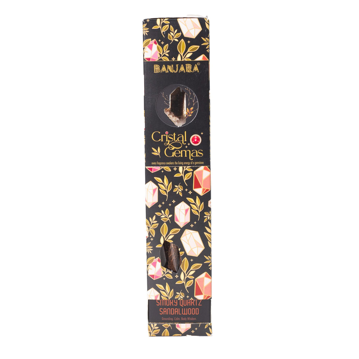 Boîte d'encens Banjara Cristal Gemas Quartz Fumé Santal, décor de cristaux dorés