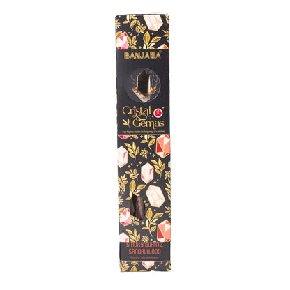 Boîte d'encens Banjara Cristal Gemas Quartz Fumé Santal, décor de cristaux dorés
