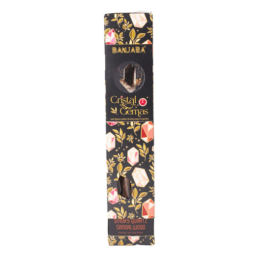 Boîte d'encens Banjara Cristal Gemas Quartz Fumé Santal, décor de cristaux dorés