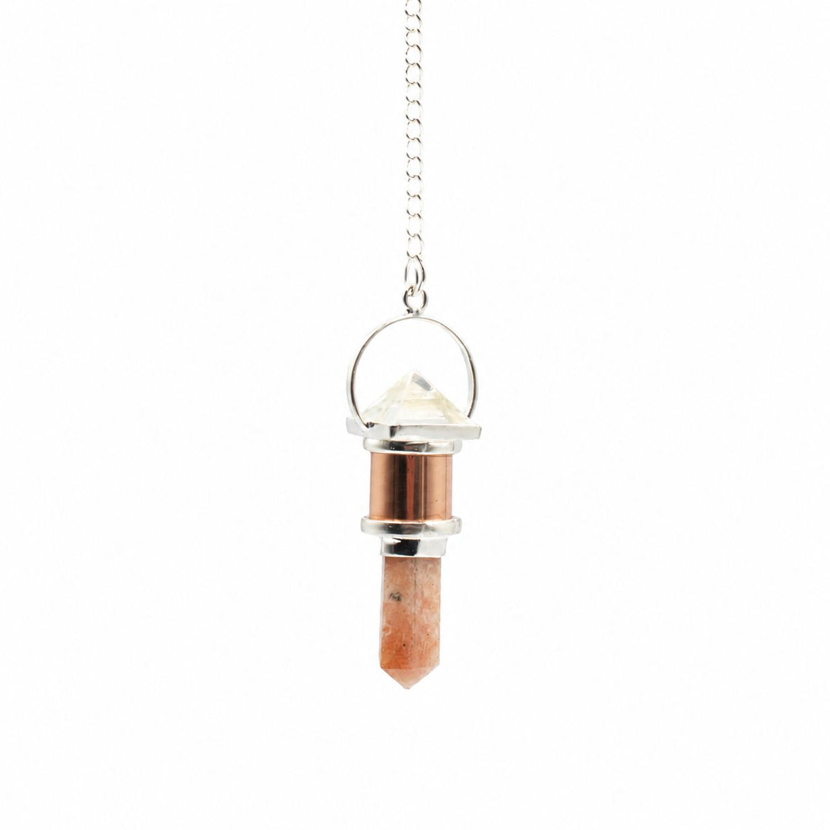 Pendule cuivre Cristal de roche et Pierre de soleil