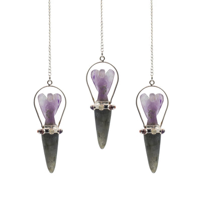 Pendule ange deux pièces en labradorite et améthyste