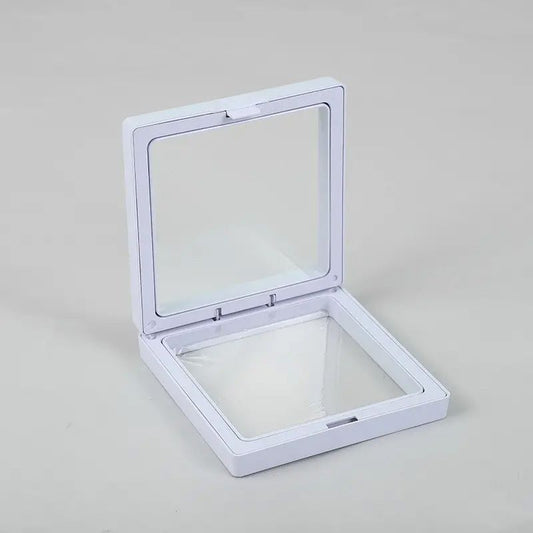 Cadre flottant 3D blanc carré ouvert avec deux membranes transparentes pour bijoux