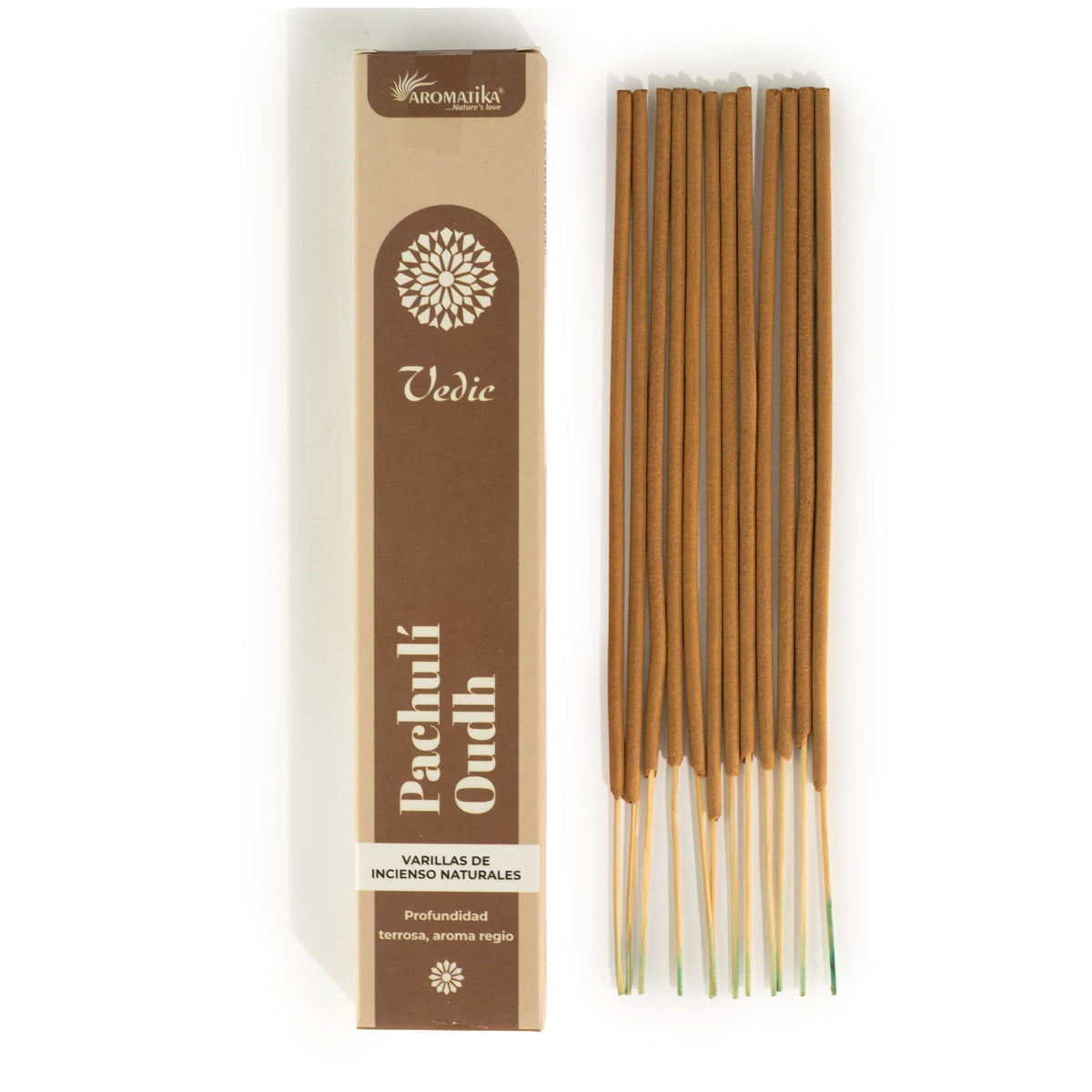 Boîte d'encens Vedic Patchouli Oudh posée à côté de bâtonnets d'encens masala