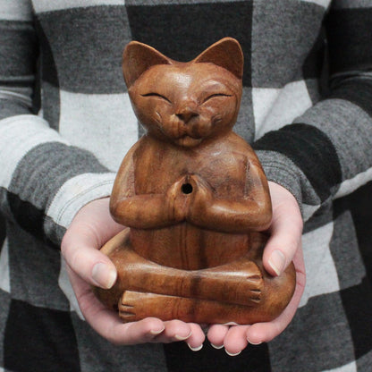 Brûleur d'Encens Chat Yoga - Bois Sculpté Main – photo 3