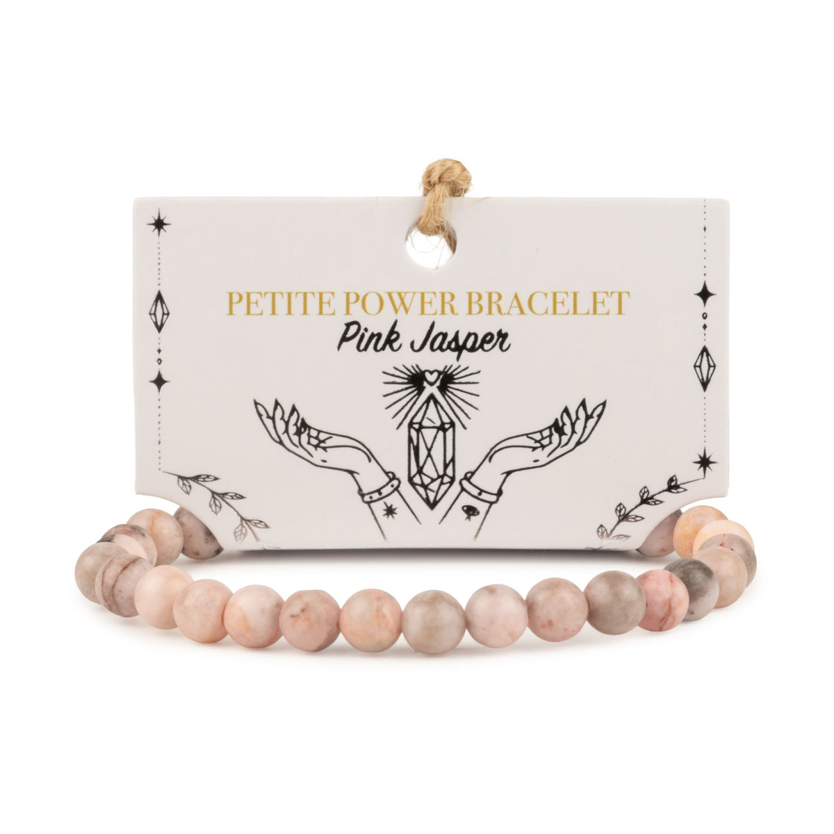 Bracelet de perles en jaspe rose aux nuances crème et grises sur carte illustrée