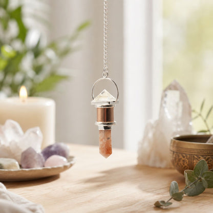 Pendule cuivre Cristal de roche et Pierre de soleil