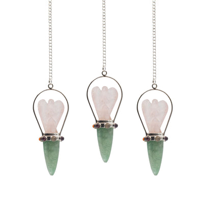 Pendule ange en Quartz rose et Aventurine verte - 7 chakras