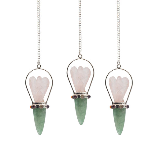 Pendule ange en Quartz rose et Aventurine verte - 7 chakras