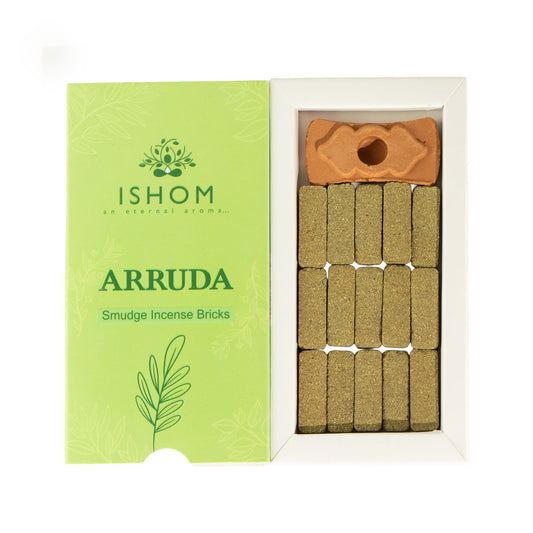 Boîte ouverte d'encens Arruda Ishom avec quinze briques vertes et support en terre cuite
